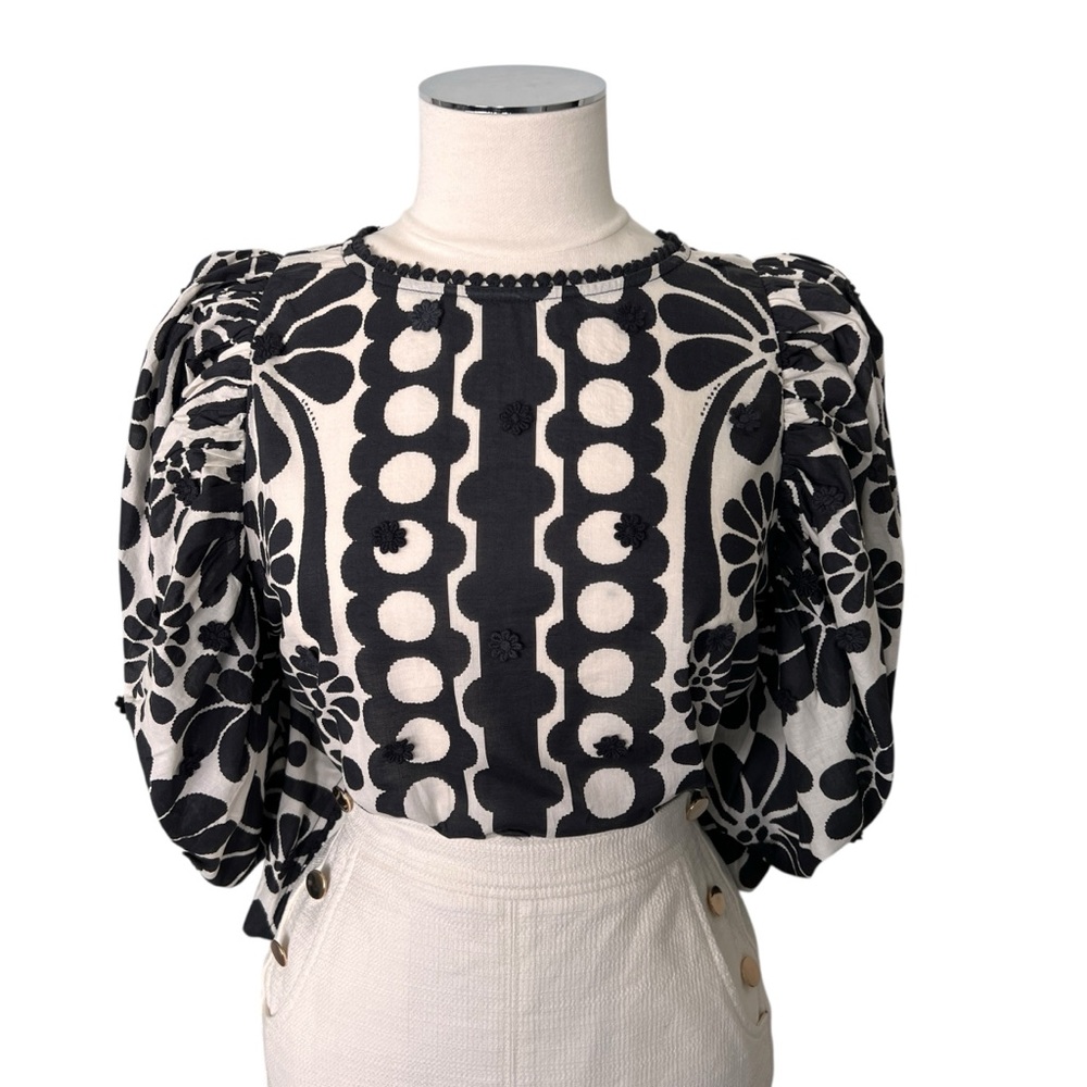 ANTHROPOLOGIE Palermo Black Puffed Sleeve Blouse Black Cream Sz S